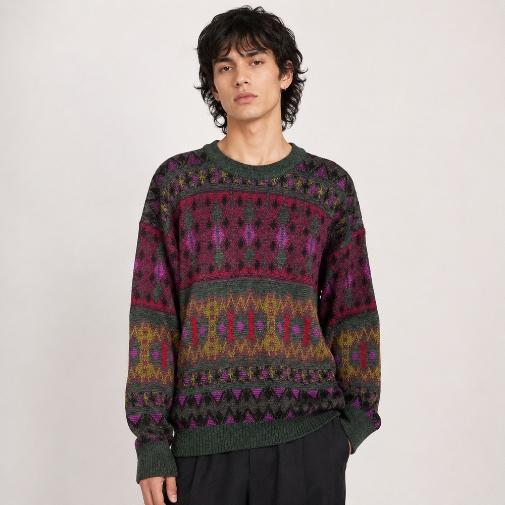 Kalaroo Australia Mens M Green Multi Pure Wool Geometric Fair Isle Sweater Retro